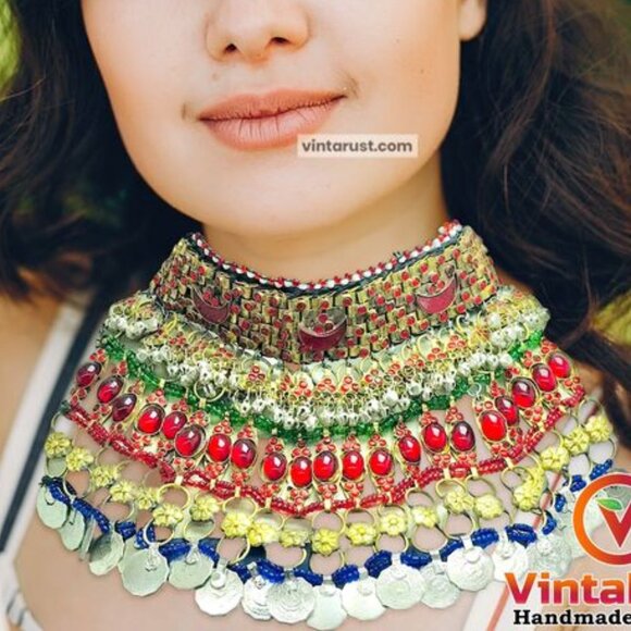 Red Stones Afghan Necklace, Vintage Coins Multilayer Choker Necklace, Gypsy - Picture 14 of 14